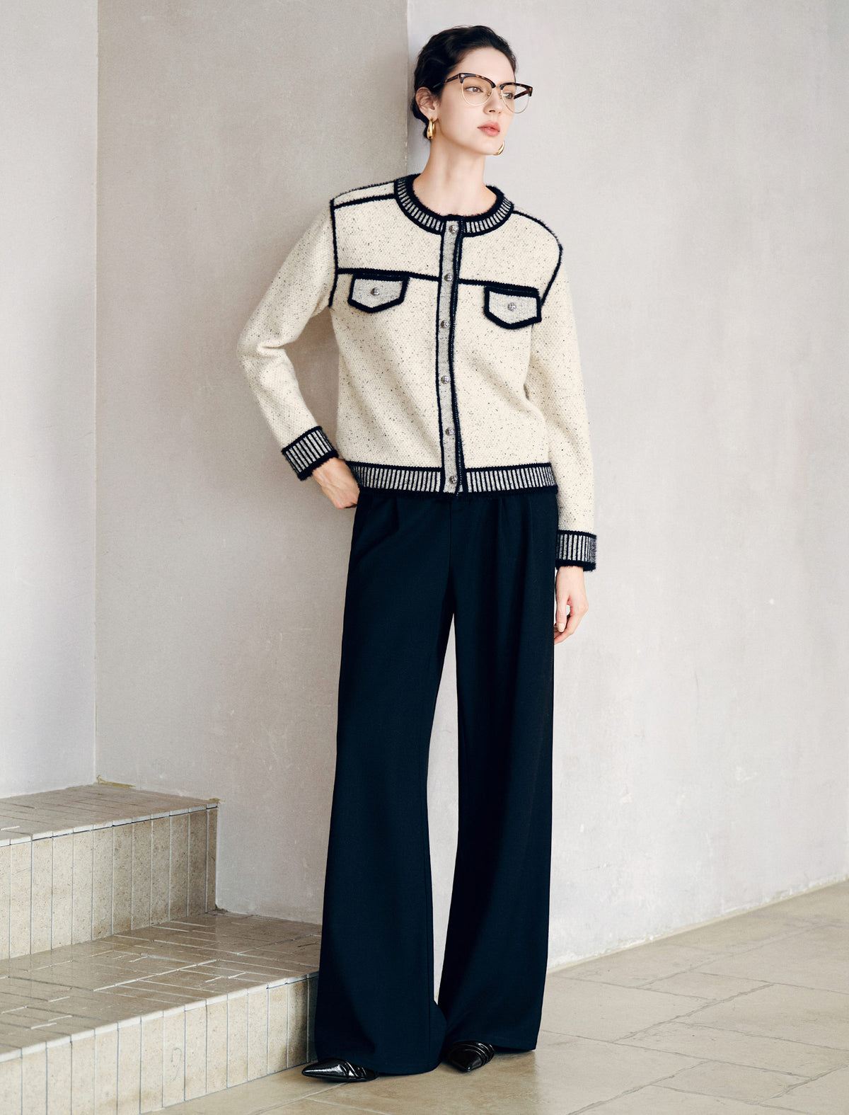 Contrast Trim Cropped Knit Jacket