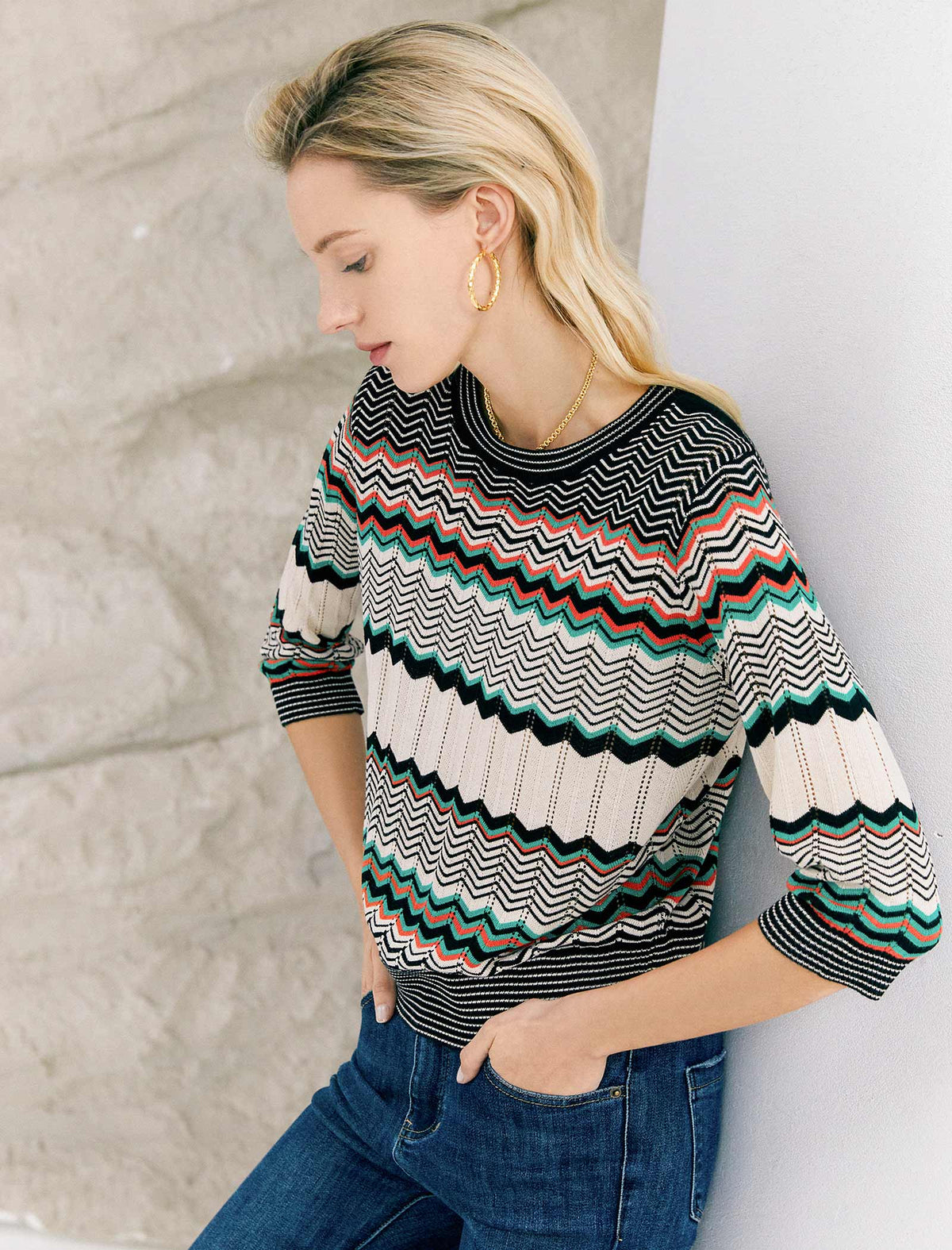 Multi-Color Chevron 3/4 Sleeve Knit Top