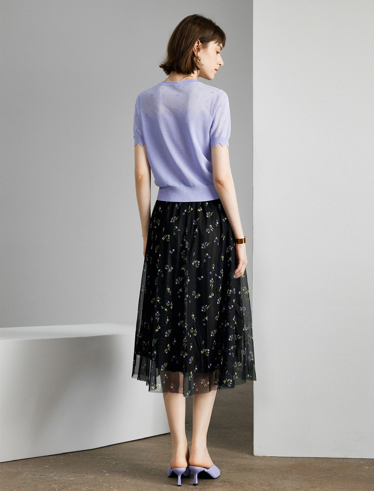 Black Mesh Floral Midi Skirt
