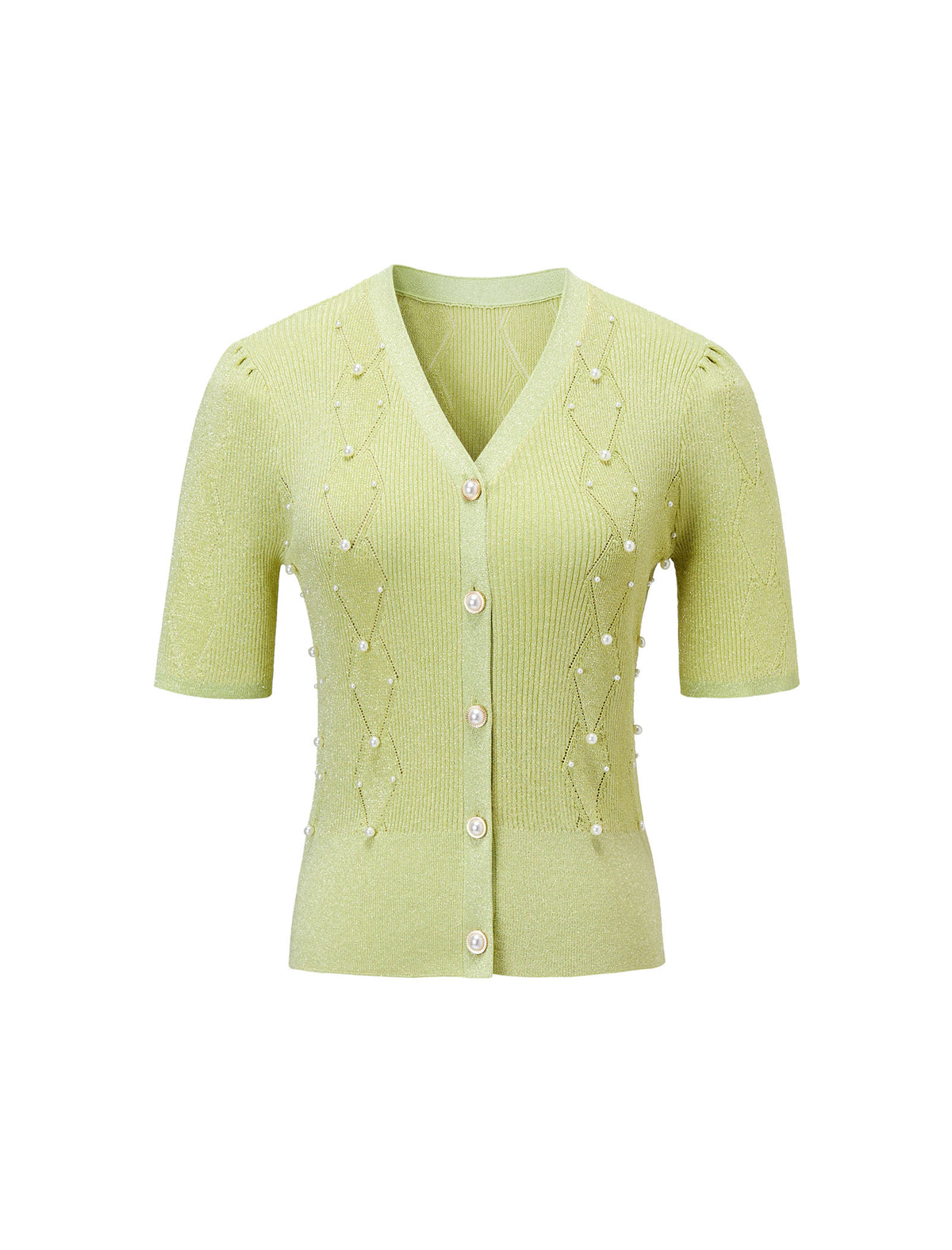Light Green Pearl-Embellished Short Sleeve Cardigan