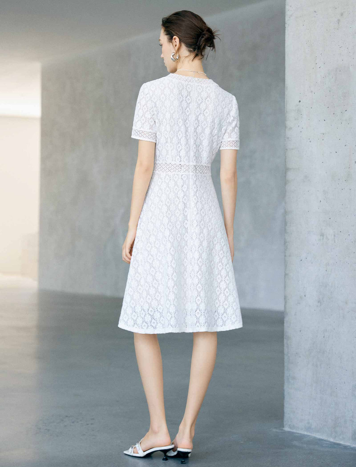 White Geometric Lace V-Neck Short Sleeve Fit And Flare Midi Dress