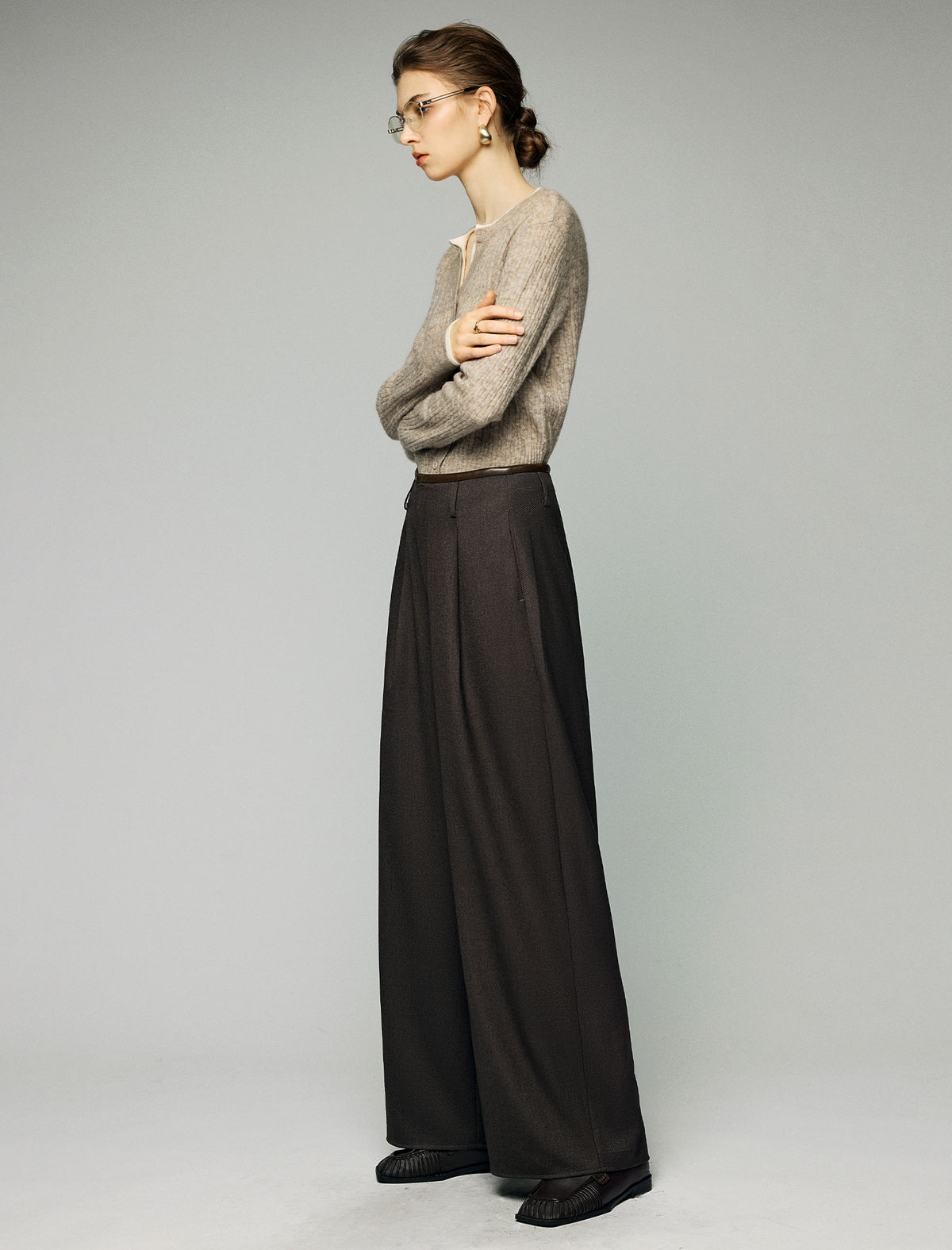 Wool Blend Pleated High-Waist Wide-Leg Pants