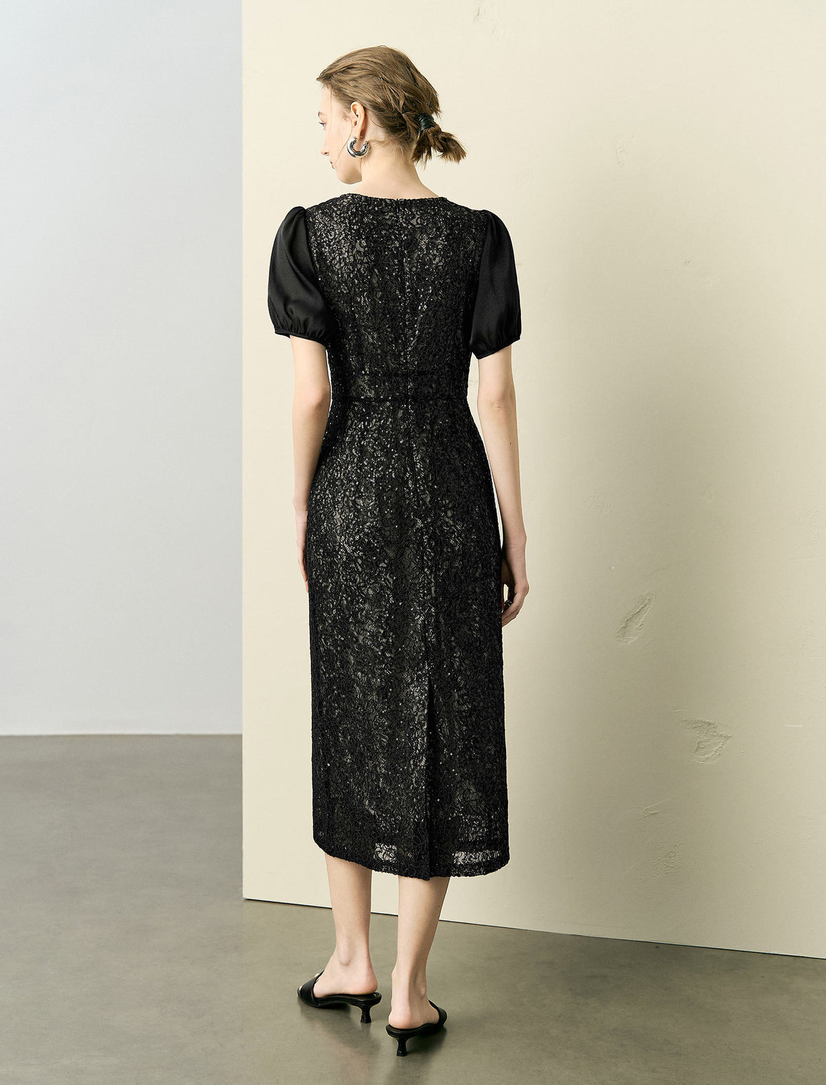 Black Lace Puff Sleeve Midi Dress