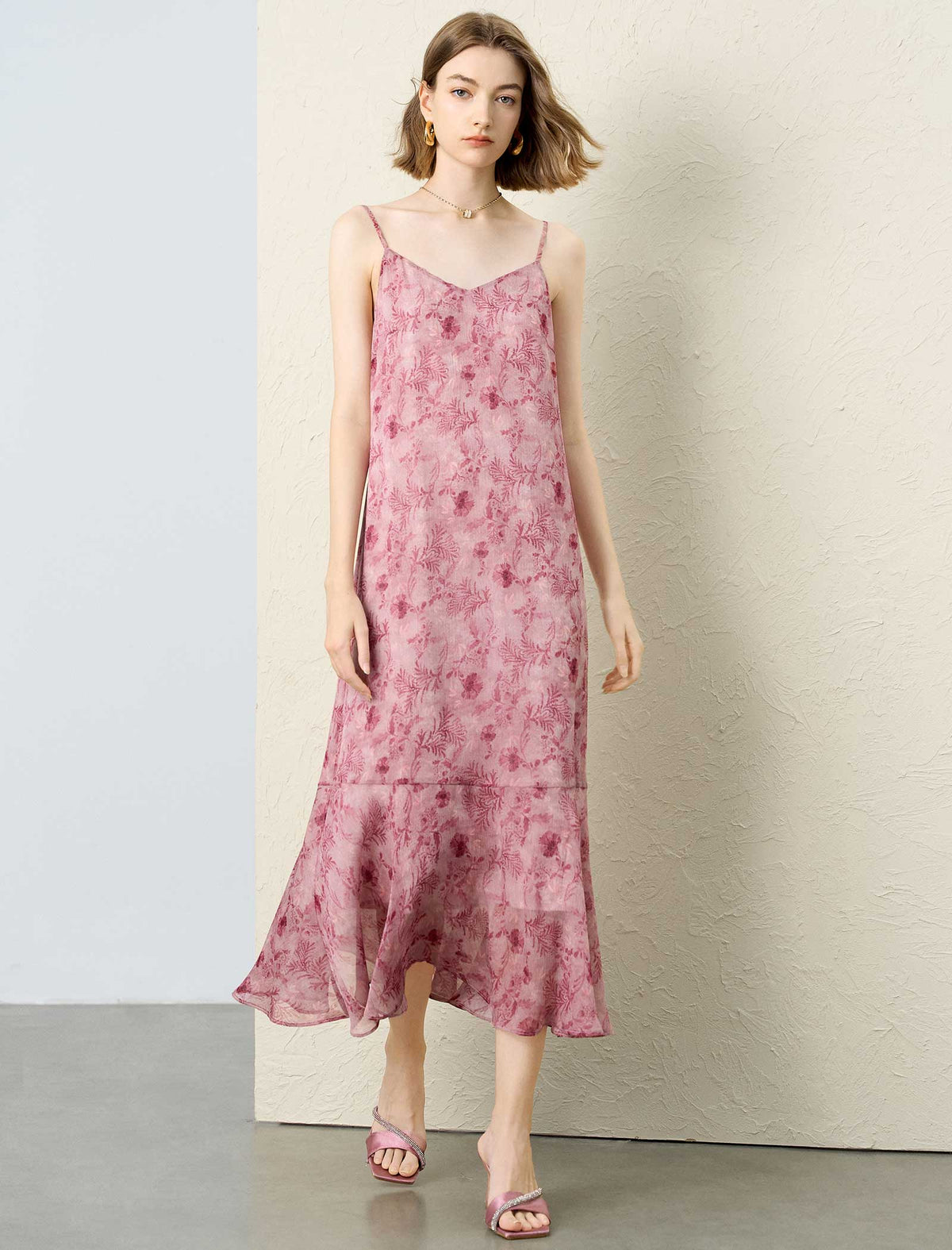 Dusty Pink Floral Print Adjustable Strap Tie Waist Midi Slip Dress
