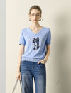 Notched V-Neck Graphic Knit Short Sleeve Top
