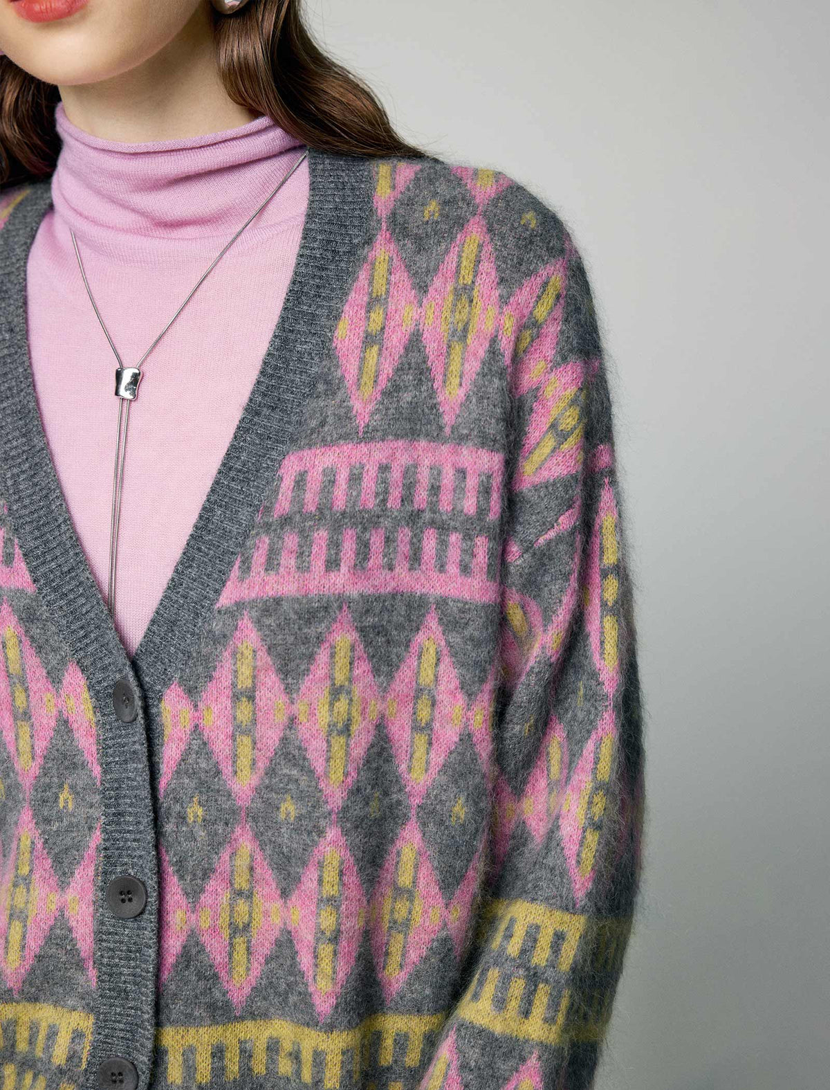 Wool and Mulberry Silk Blend Geometric V-Neck Button-Front Cardigan
