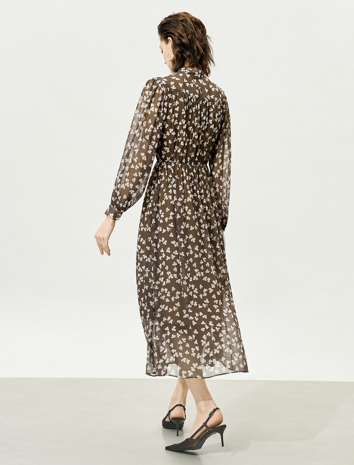 Grey Sheer Tie-Neck Floral Midi Dress