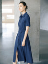 Navy Blue Linen Blend Belted Shirt Midi Dress