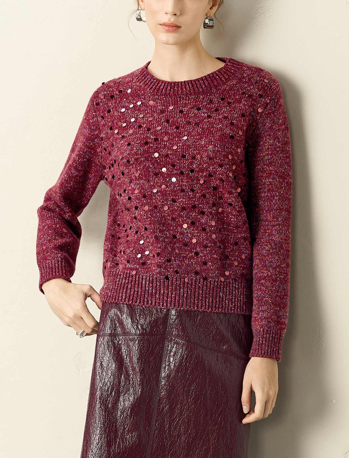 Burgundy Sequin Crew Neck Sweater