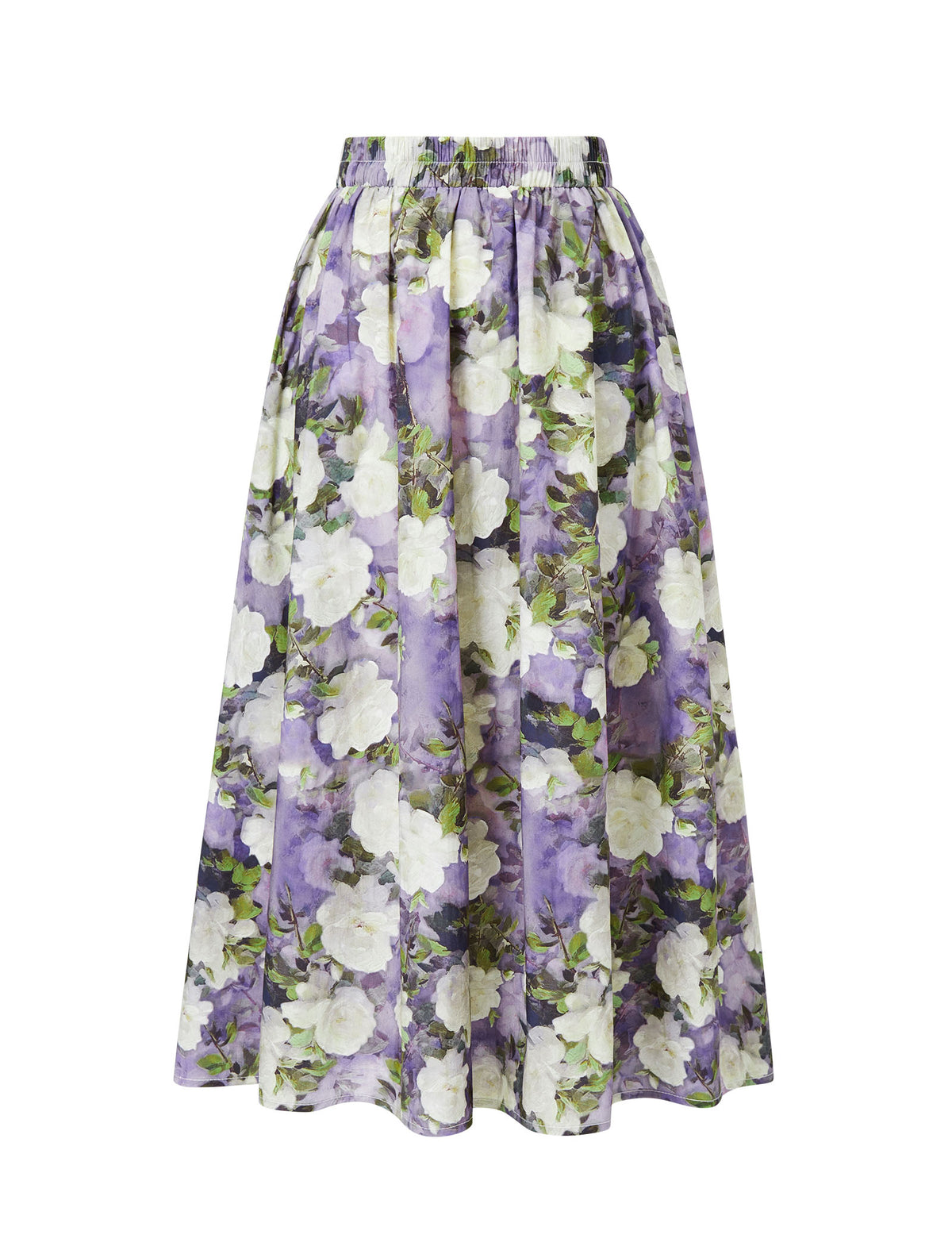 Cotton Purple Floral Print A-Line Midi Skirt