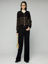 Wool Blend Striped Collared Double-Zip Cardigan