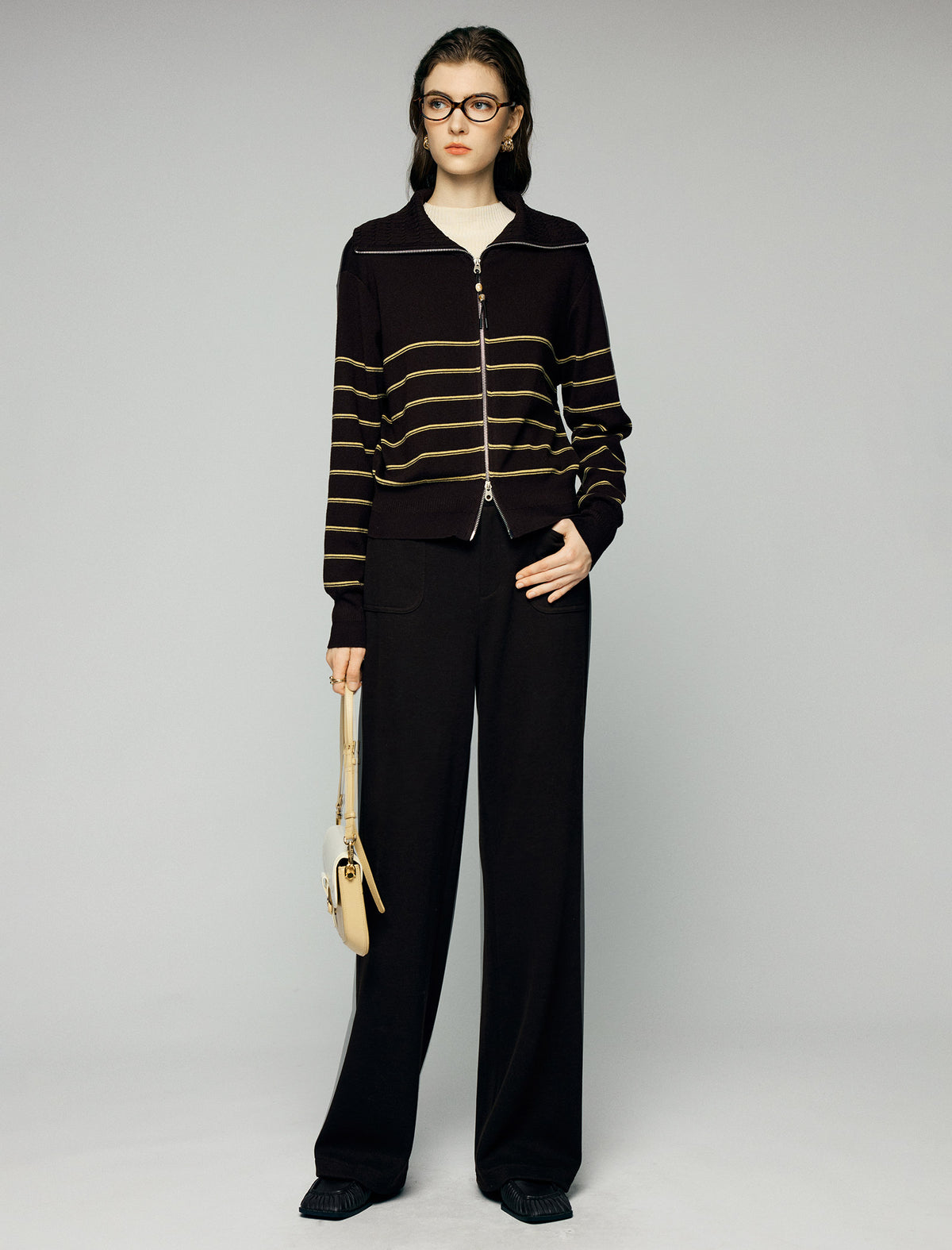 Wool Blend Striped Collared Double-Zip Cardigan