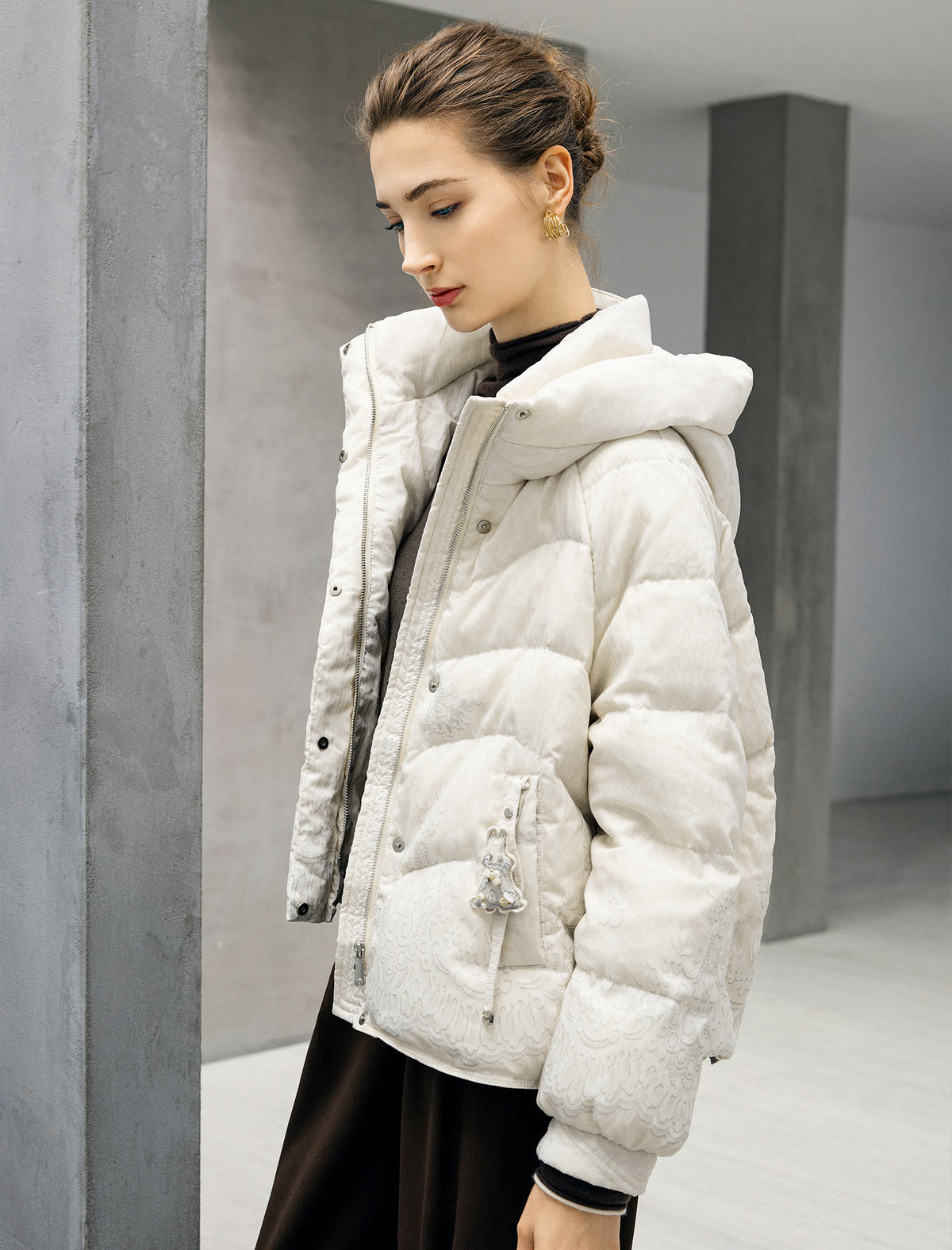 Floral Pattern Hooded Zip-Front Cropped Puffer Jacket