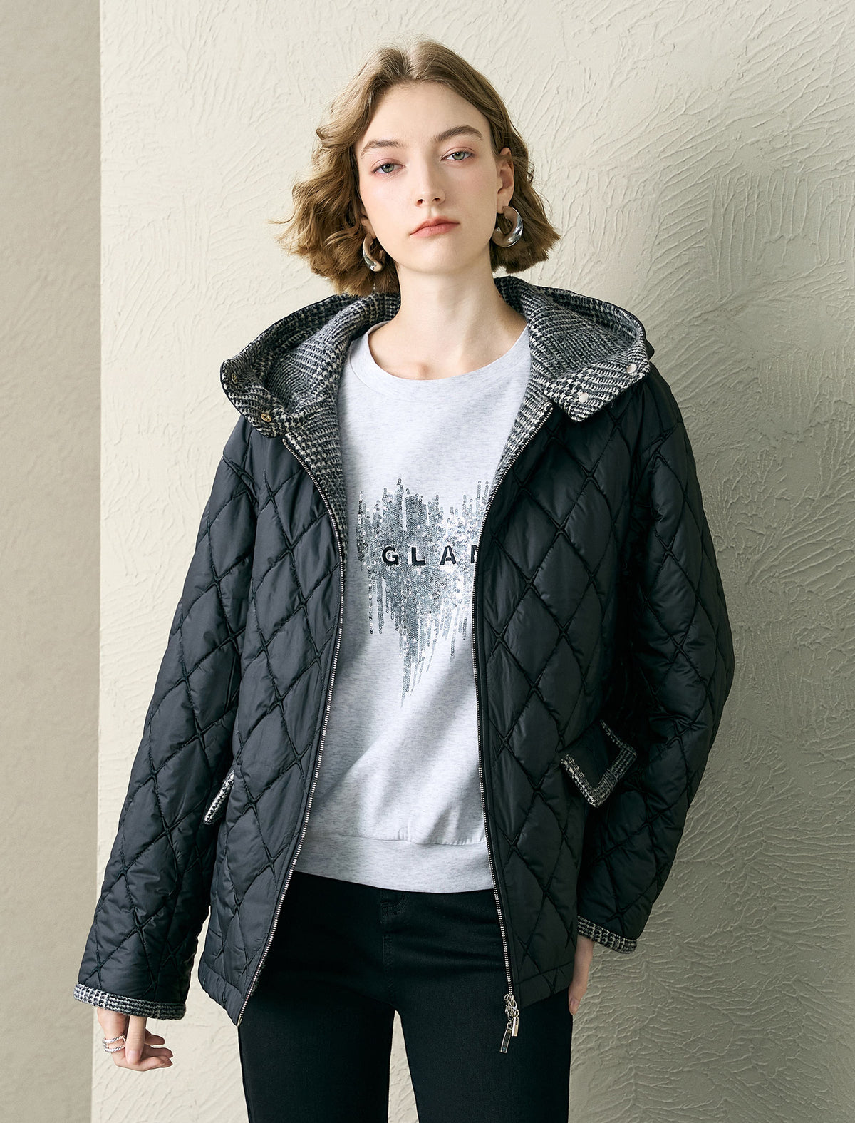 Tweed Accents Quilted Padded Jacket