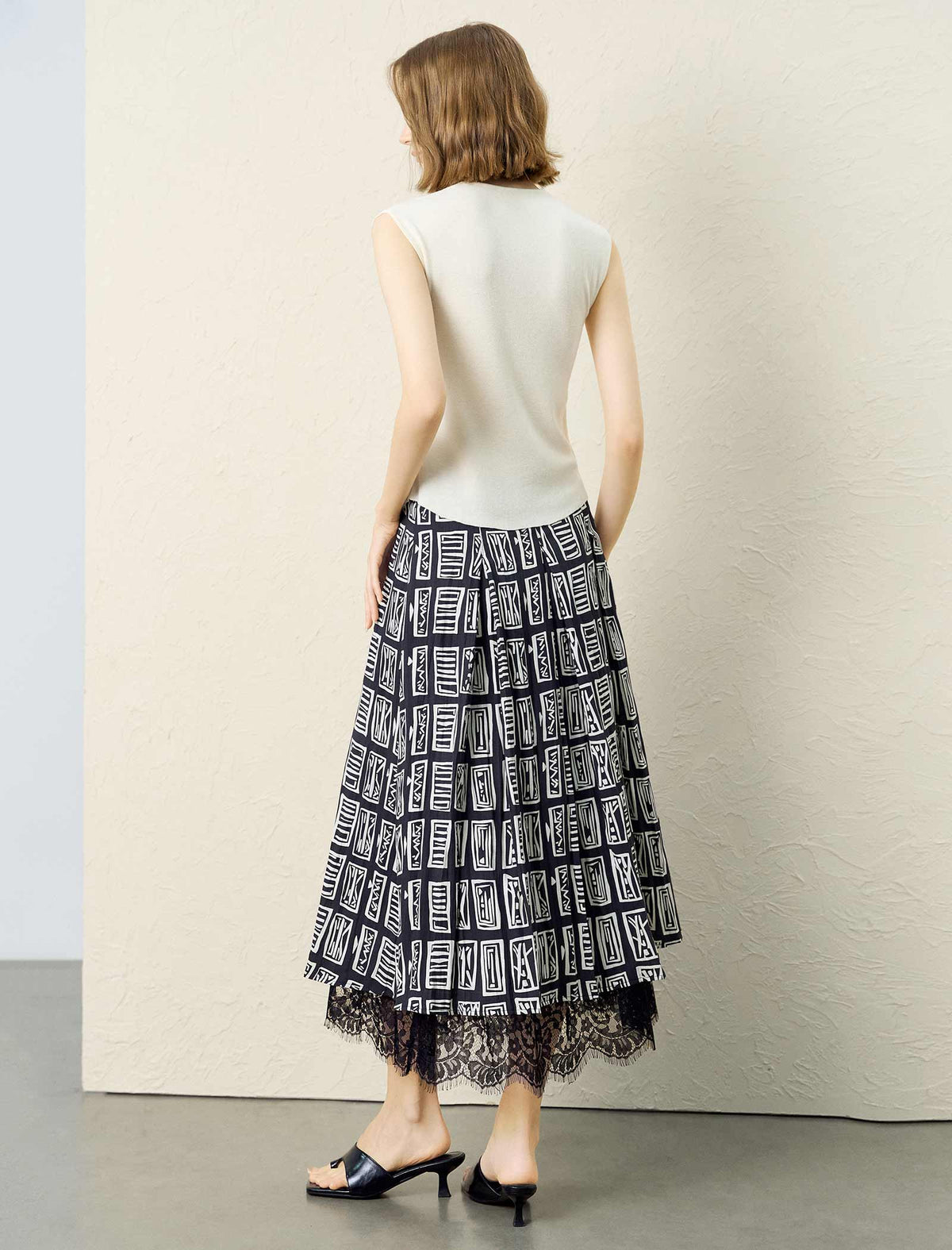 Black And White Geometric Lace Trim Midi Skirt