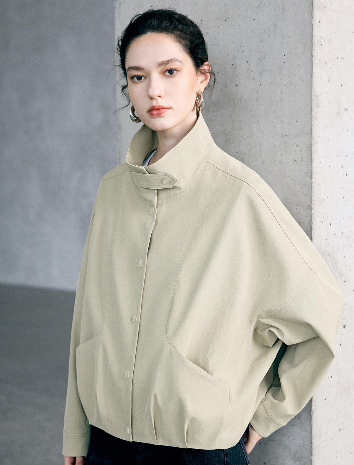 Loose Stand-Collar Button-Front Jacket