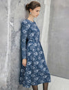 Floral Print Ruched-Waist Long Sleeve A-Line Midi Dress