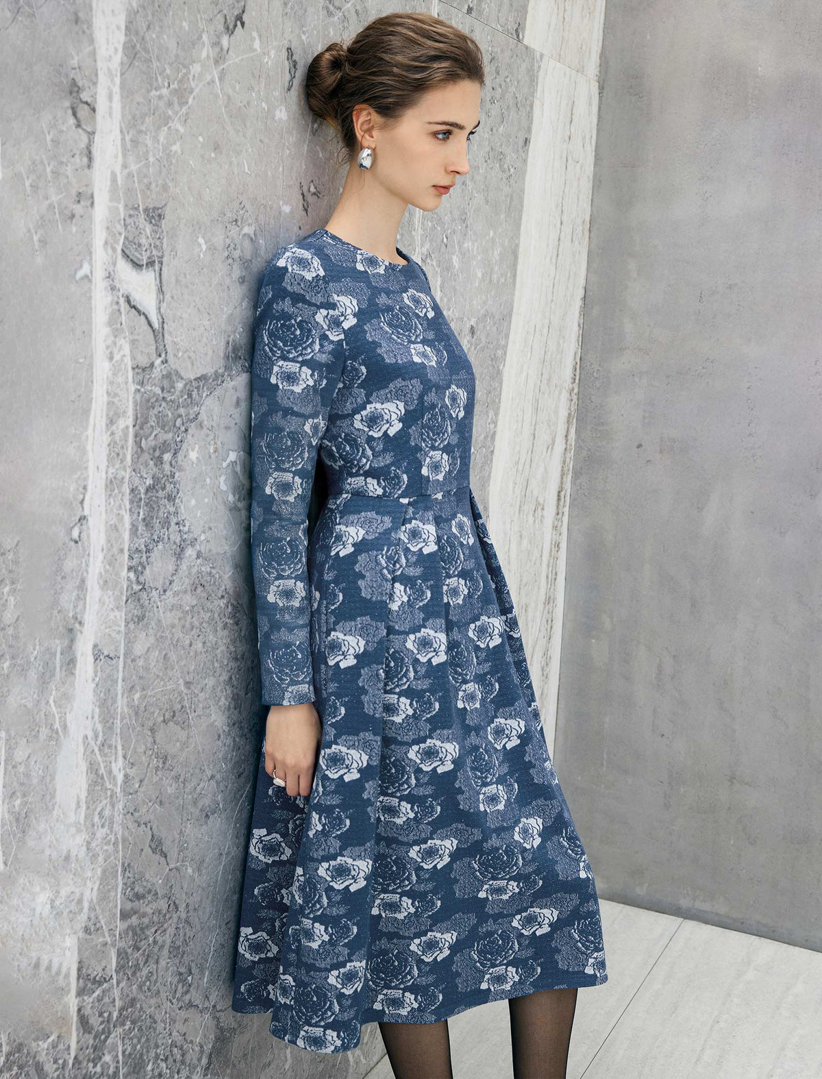 Floral Print Ruched-Waist Long Sleeve A-Line Midi Dress