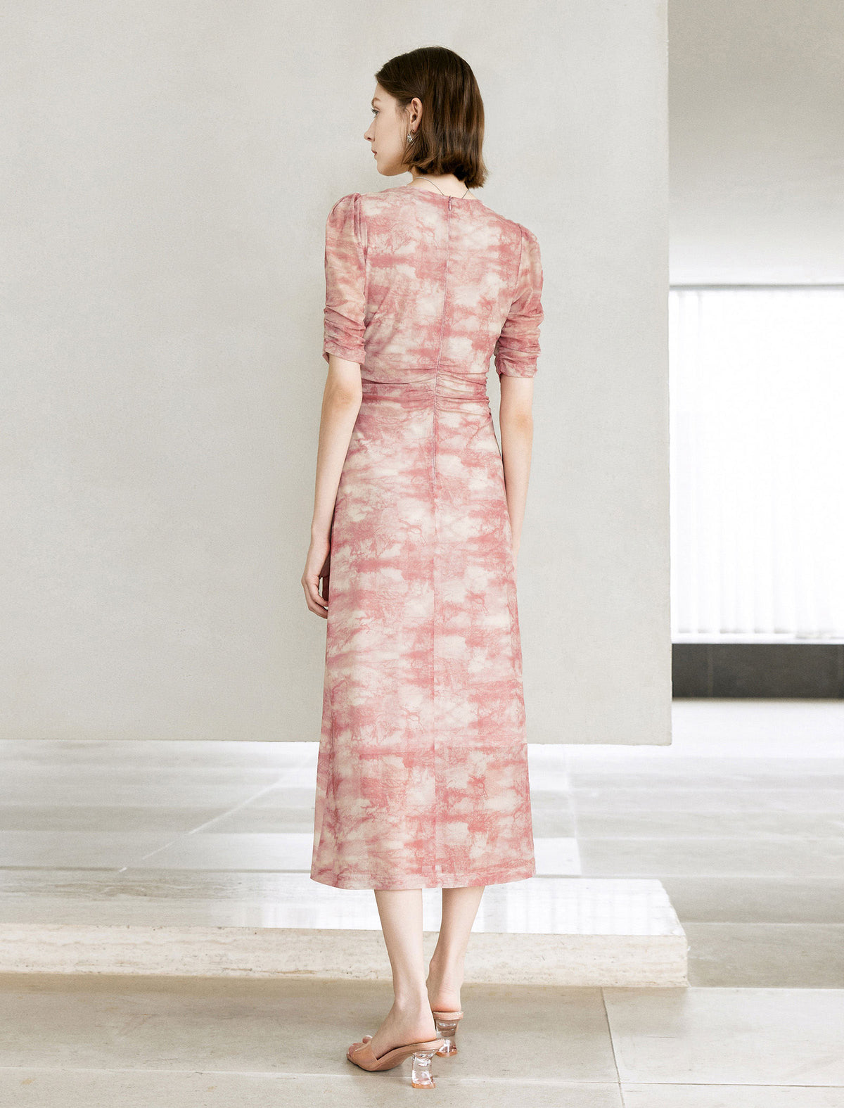 Pink Watercolor Ruched Midi Dress