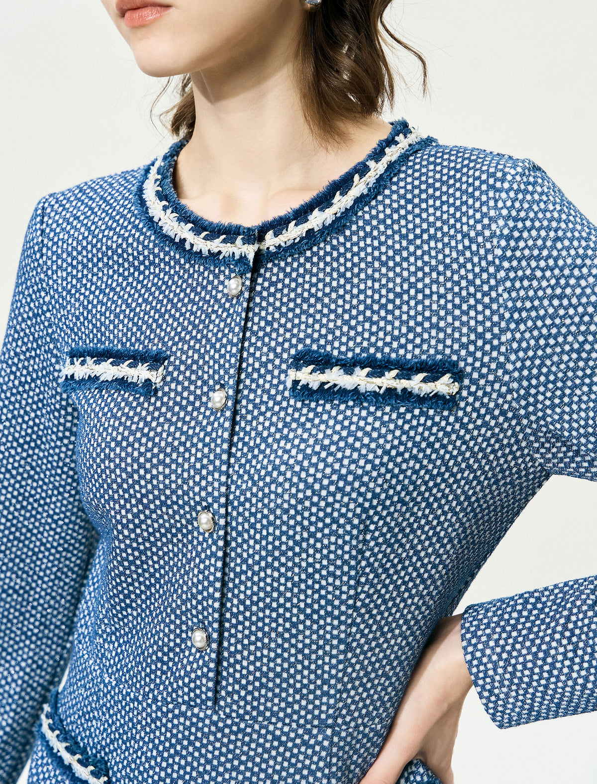 Textured Tweed Long-Sleeve A-Line Dress with Pearl Buttons