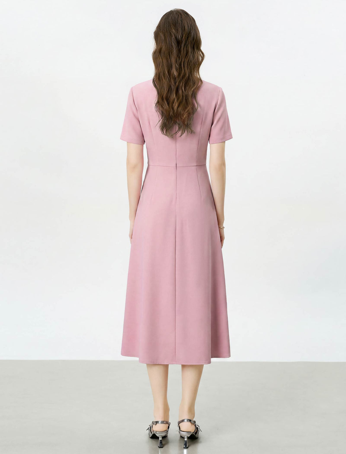 Dusty Pink Side Ruched Short Sleeve Midi Dress