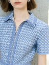 Blue Houndstooth Zipper Front Shirt Dress