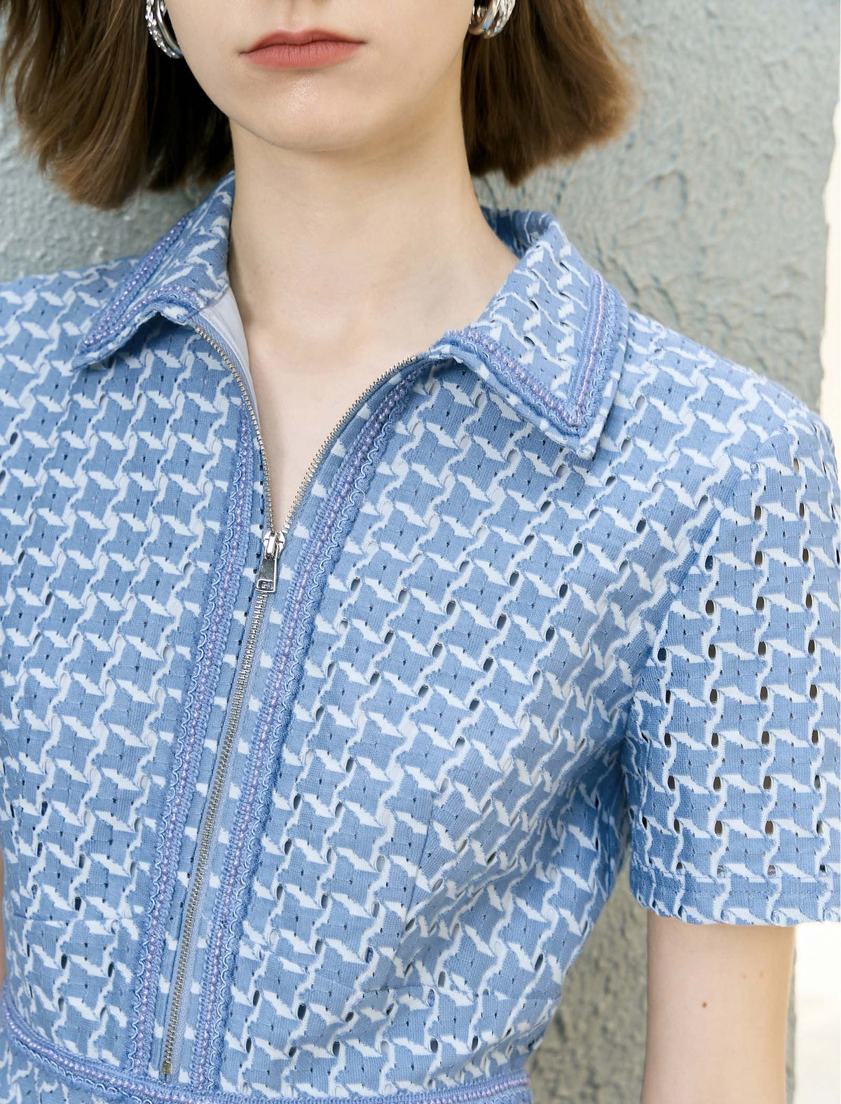 Blue Houndstooth Zipper Front Shirt Dress