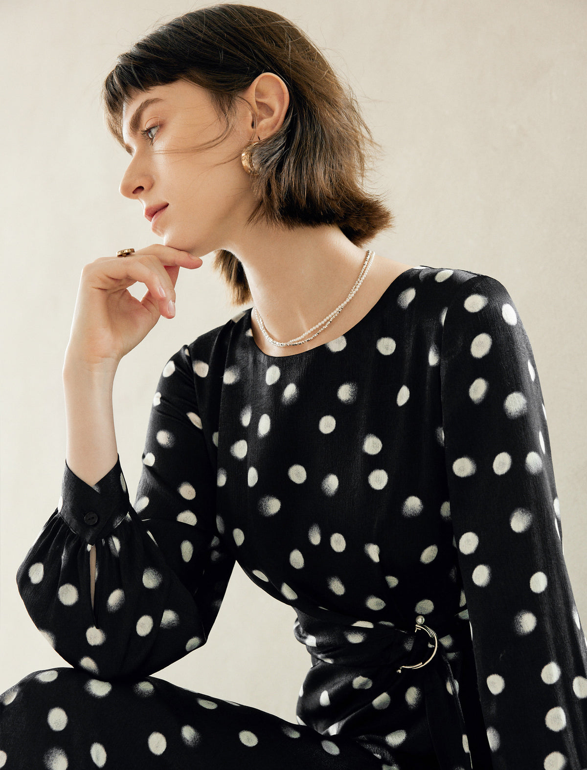 Black Polka Dot Long Sleeve Midi Dress
