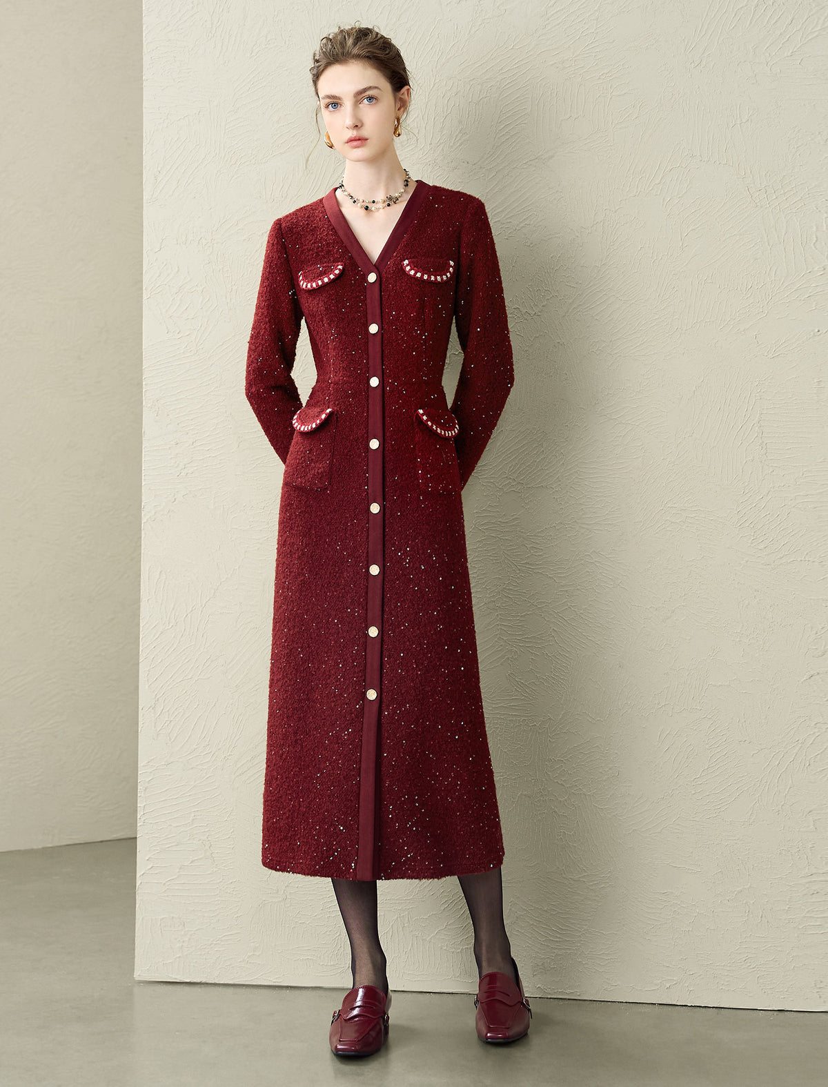 Sparkle Wool Blend V-Neck Button-Front Midi Dress