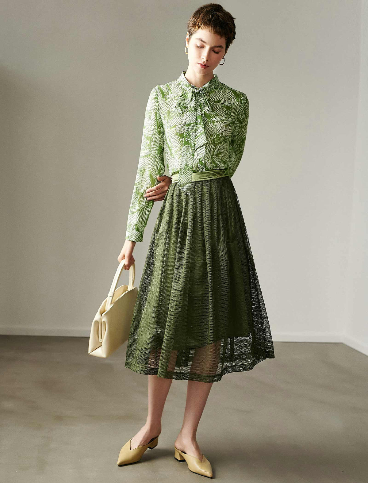 Olive Green Mesh Midi Skirt
