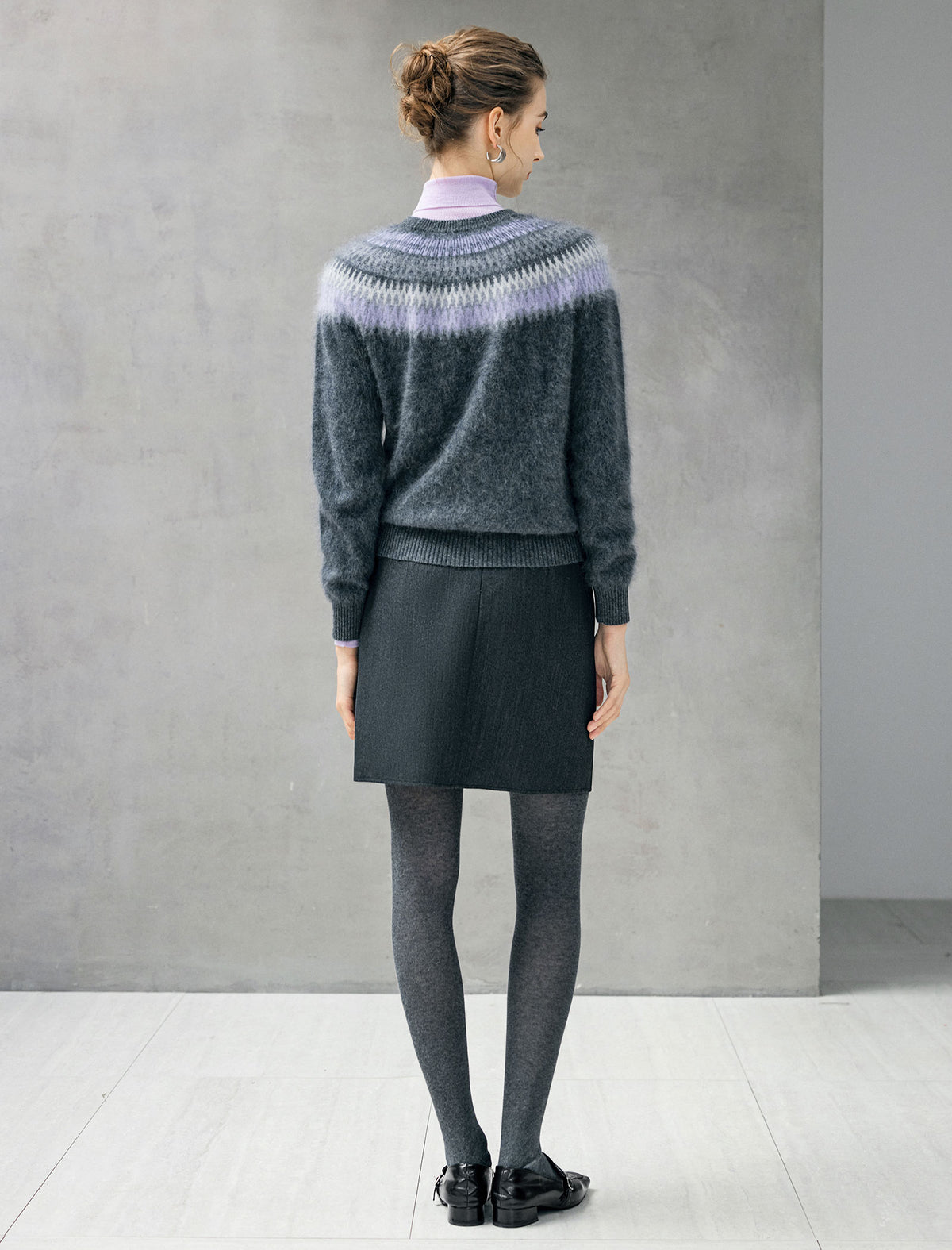Wool and Mulberry Silk Blend Fair Isle Crewneck Relaxed Sweater