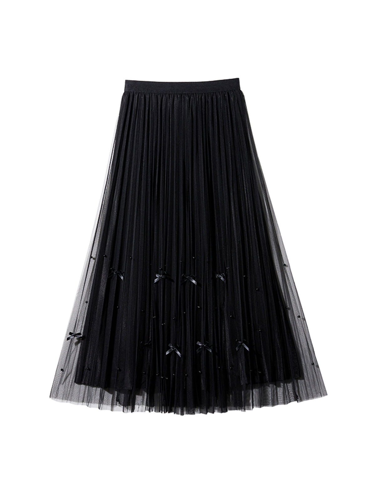 Black Bow Beaded Tulle Pleated Midi Skirt