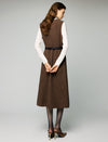 Wool Blend Striped V-Neck Belted Sleeveless Midi Dress