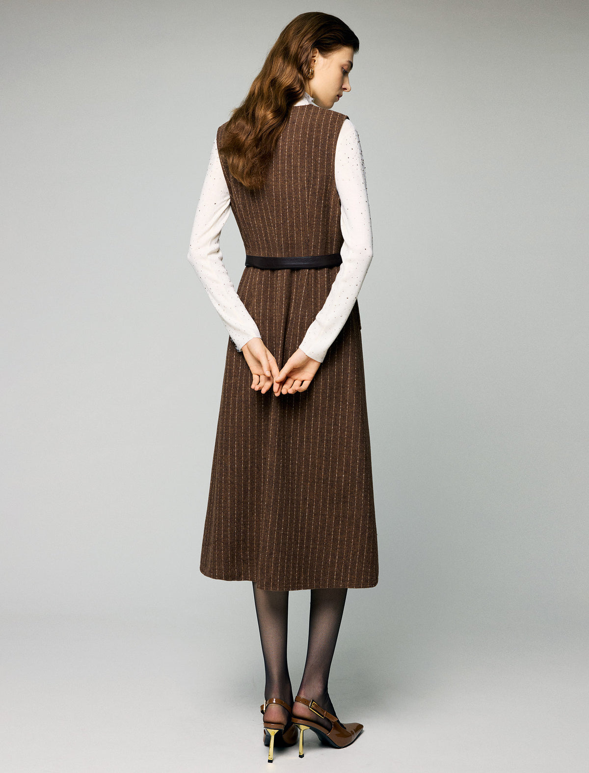 Wool Blend Striped V-Neck Belted Sleeveless Midi Dress