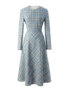 Blue Plaid Long Sleeve Midi Dress