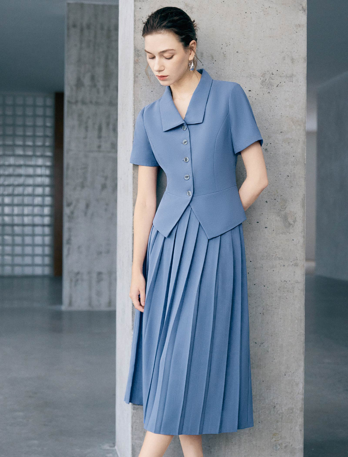 Dusty Blue Collared Button Down Peplum Short Sleeve Top