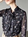 Black Floral Tie Neck Blouse