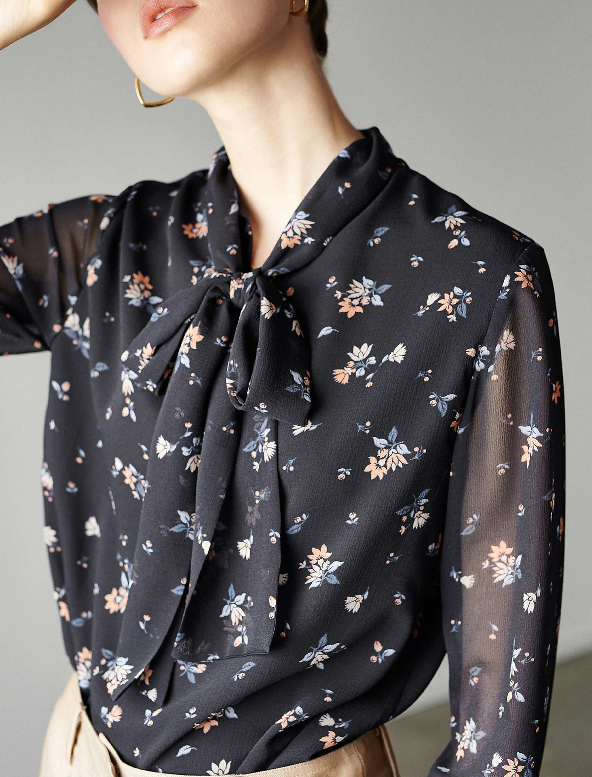 Black Floral Tie Neck Blouse