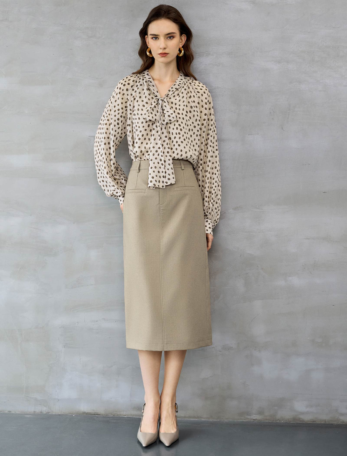 Oatmeal Ditsy Dot Tie-Neck Blouse