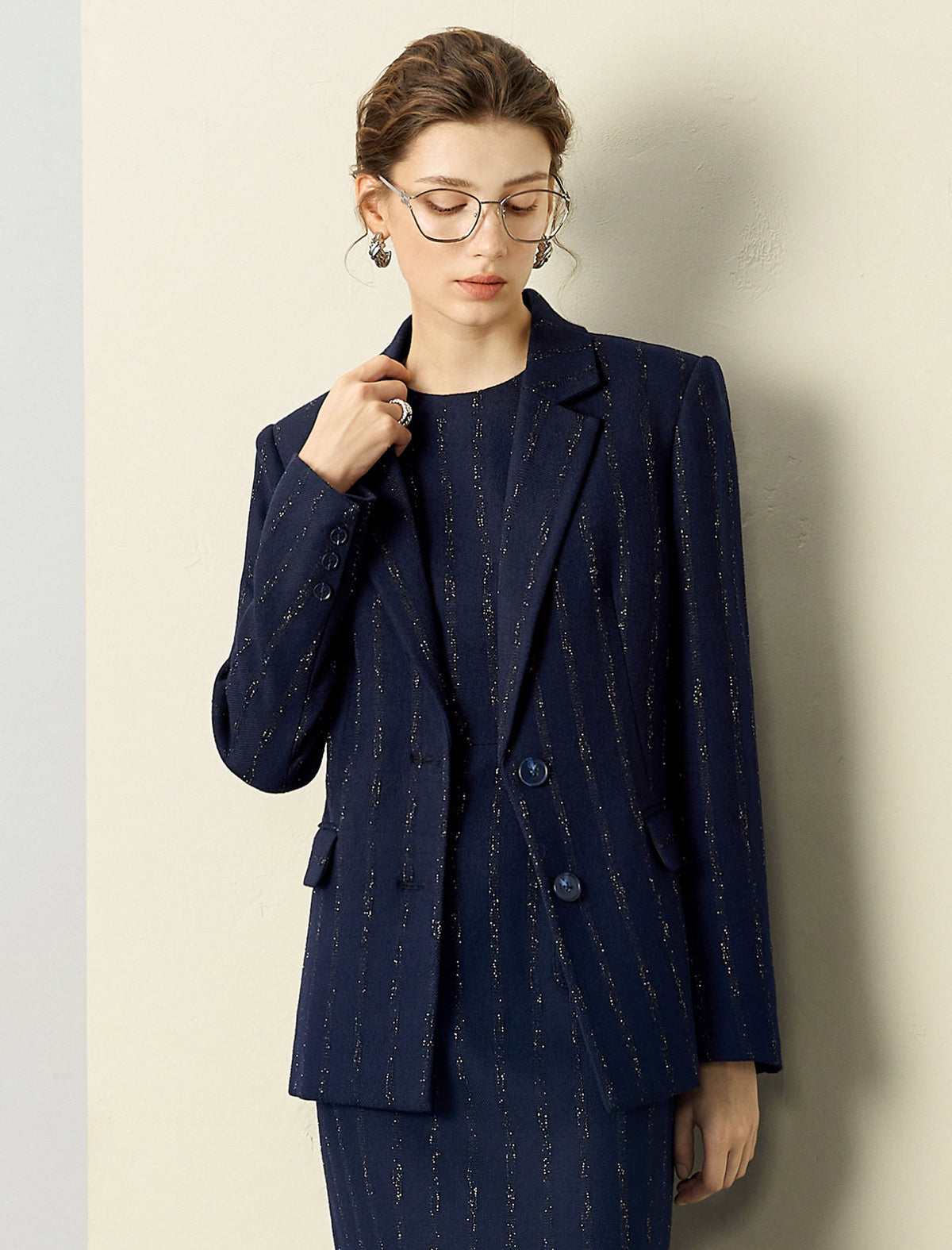Wool Blend Navy Blue Metallic Striped Blazer