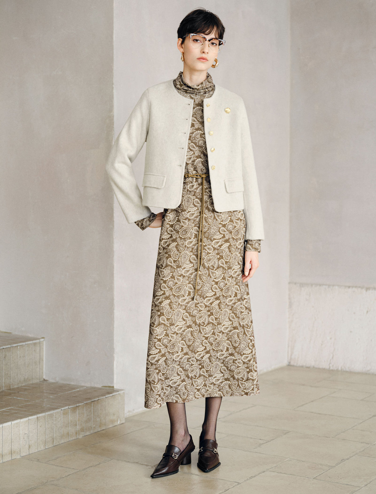 Mock Neck Paisley Belted Midi Dress