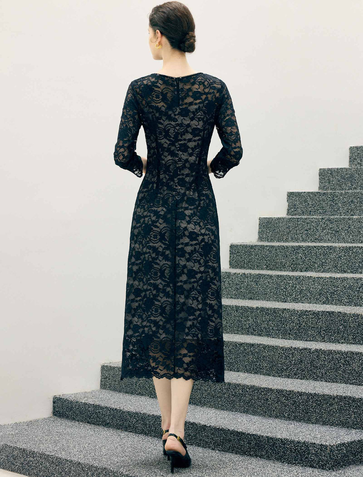 Floral Lace Scalloped Long Sleeve Midi Sheath Dress
