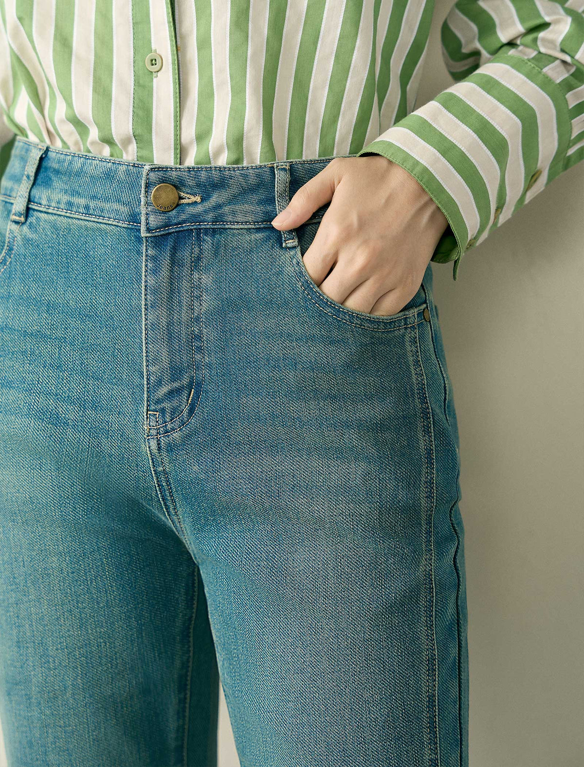 Mid Blue High Waist Side Seam Detail Flare Jeans