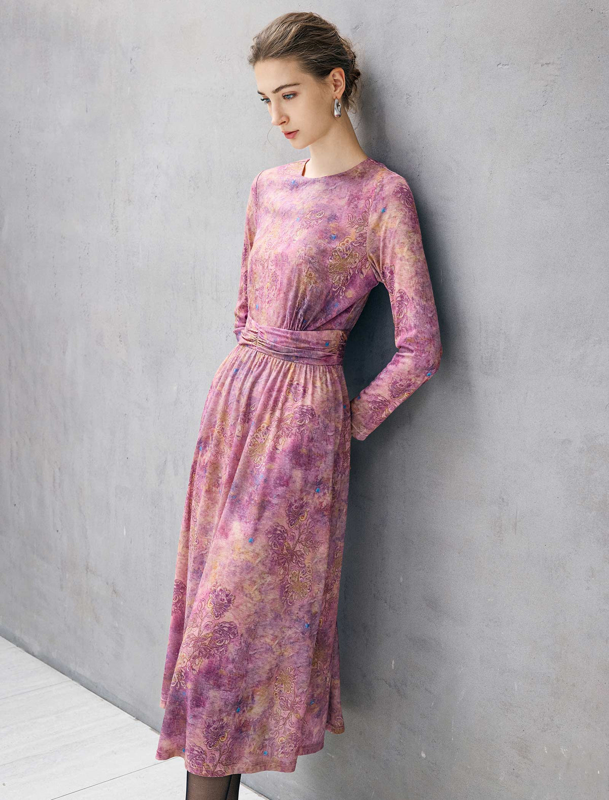 Watercolor Print Crewneck Long Sleeve Dress