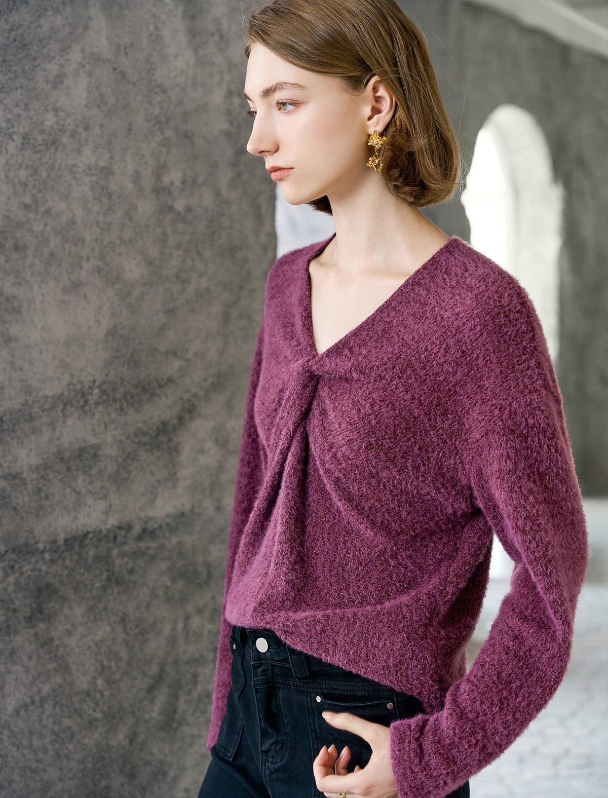 Detachable Scarf-Neck Fuzzy Knit Sweater