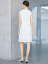 White Beaded Neck Textured Lace Sleeveless Shift Mini Dress