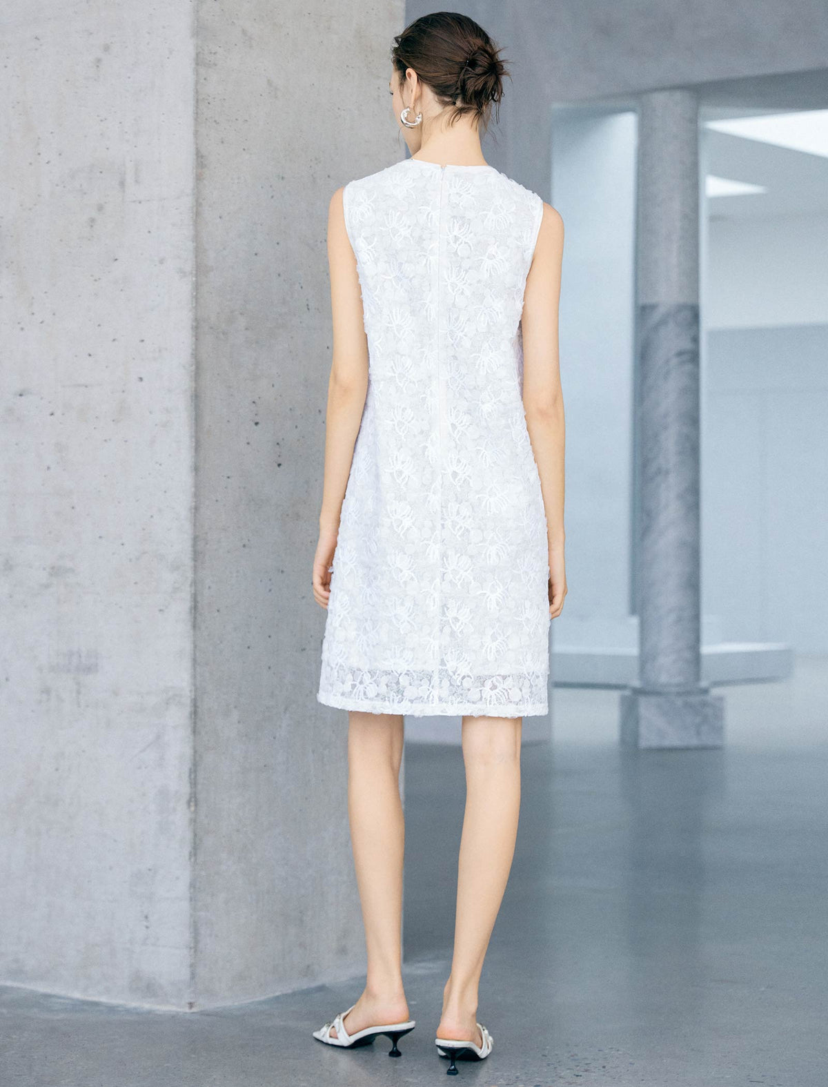 White Beaded Neck Textured Lace Sleeveless Shift Mini Dress