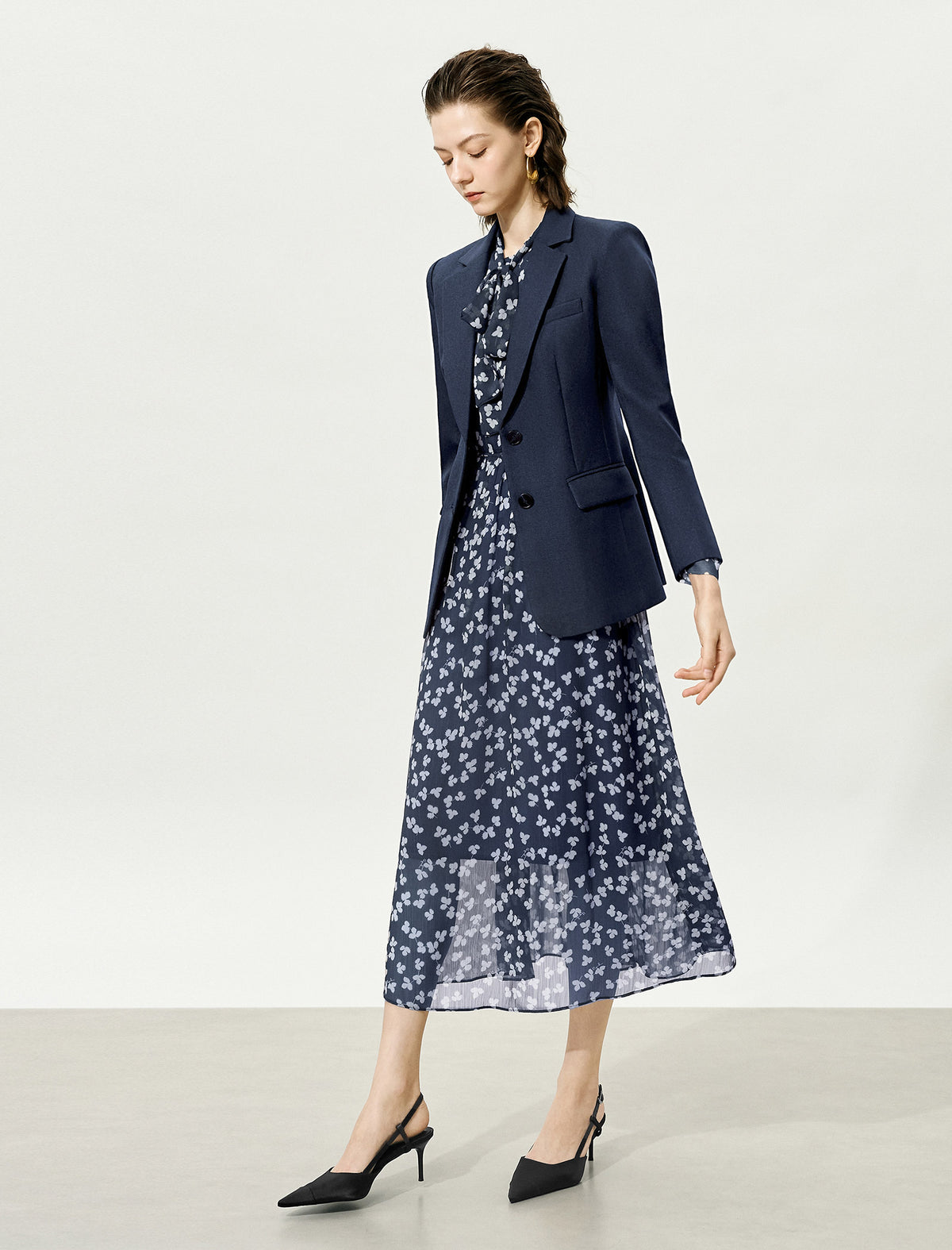 Sheer Tie-Neck Floral Midi Dress