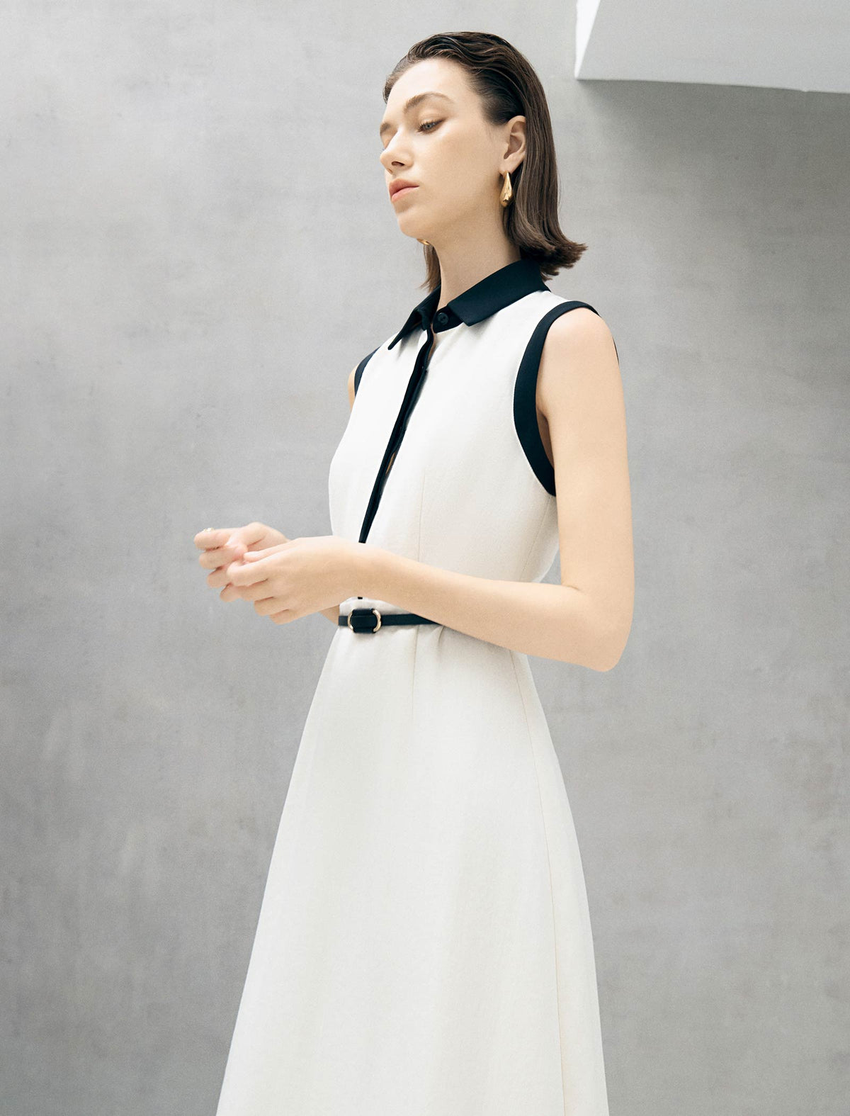 Contrast Collar Belted Midi Shirt Dress
