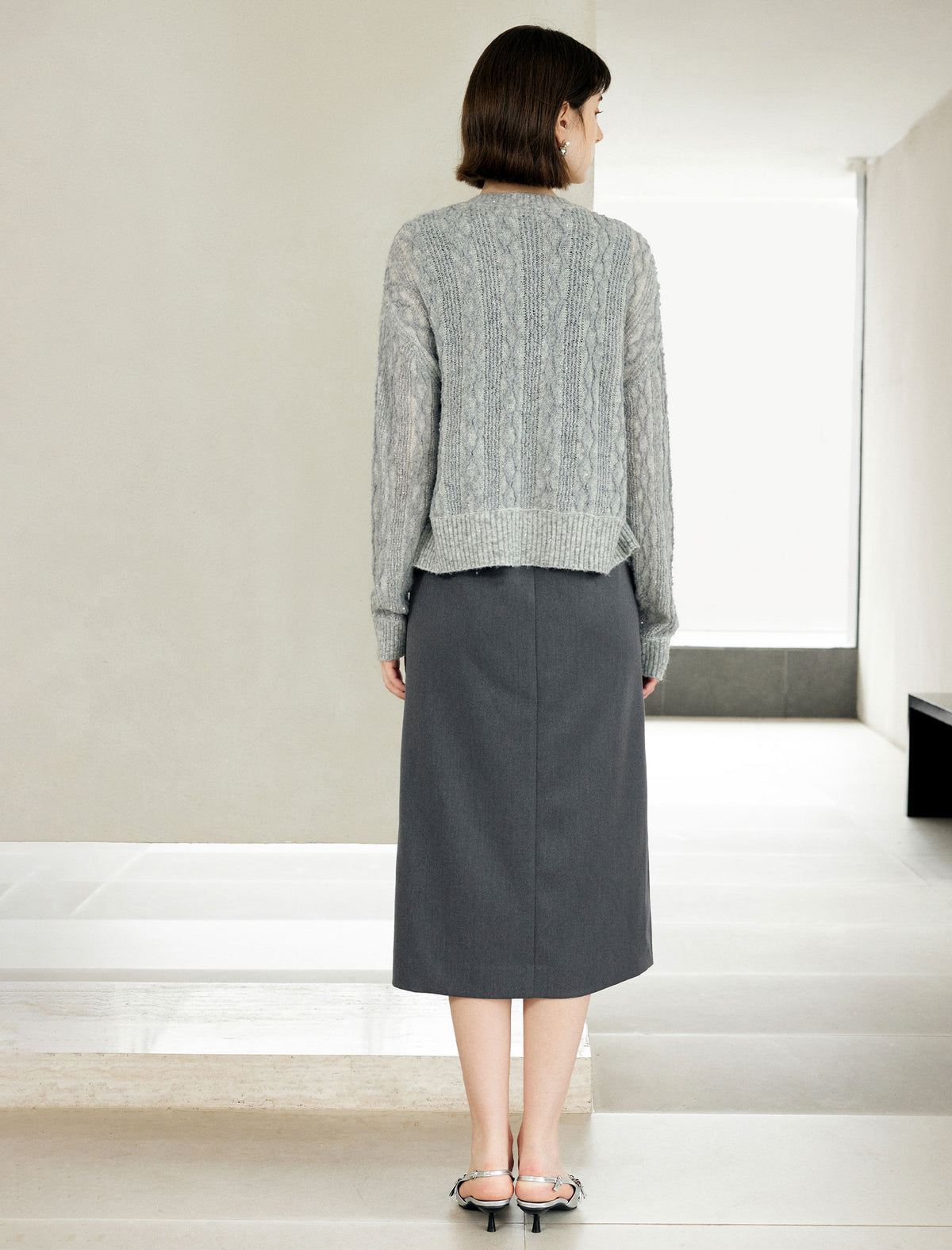 Wool Blend Sequin Cable Knit Cardigan